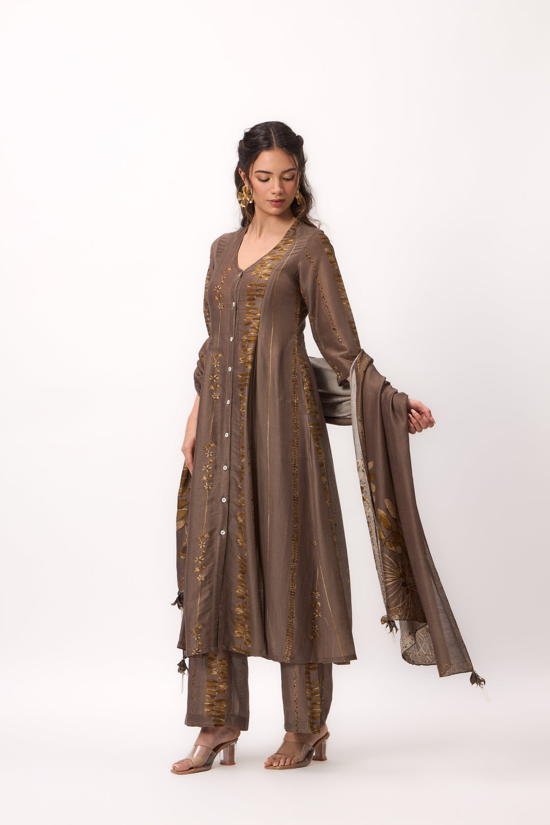 Watercolour Shami Stripe Print Panelled Kurta Set With Dupatta Wood Brown