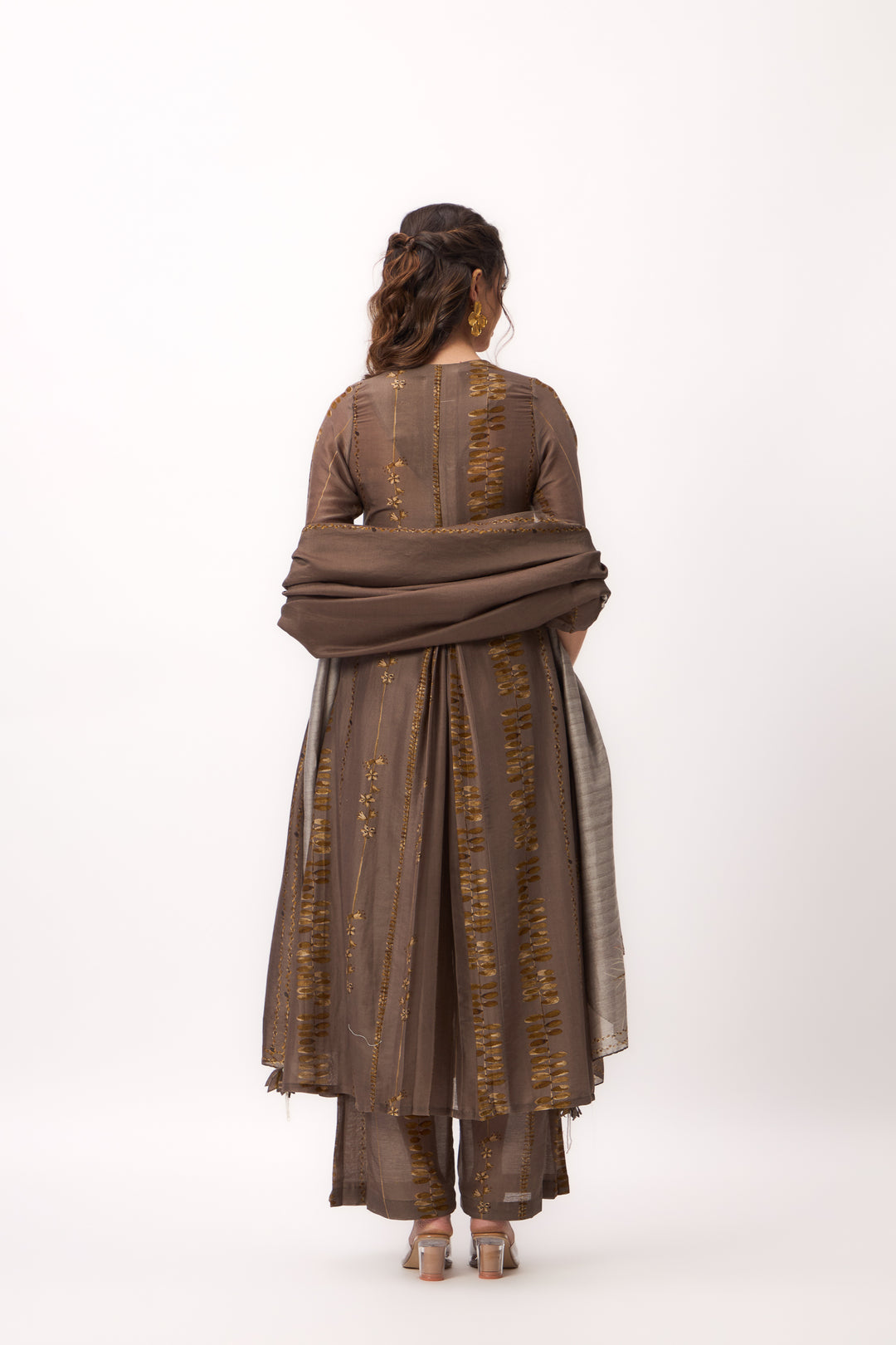 Watercolour Shami Stripe Print Panelled Kurta Set With Dupatta Wood Brown