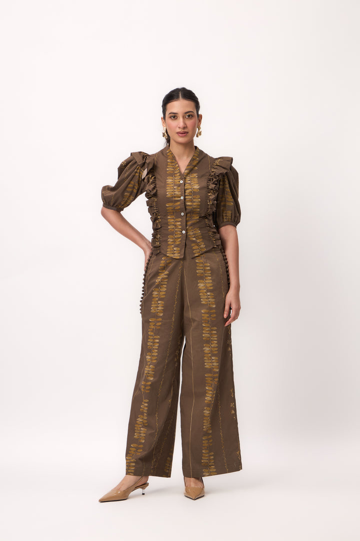 Watercolour Shami Stripe Ruffle Top Set Wood Brown