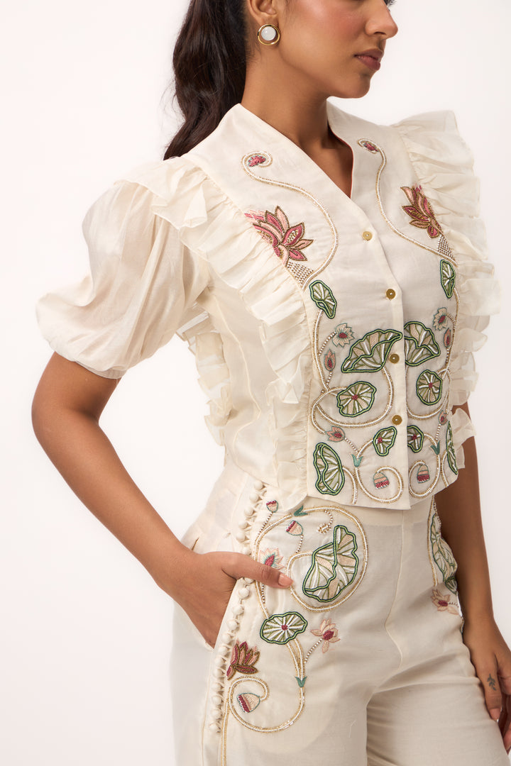 Lotus Bloom Jaal Ruffle Top Set Off White