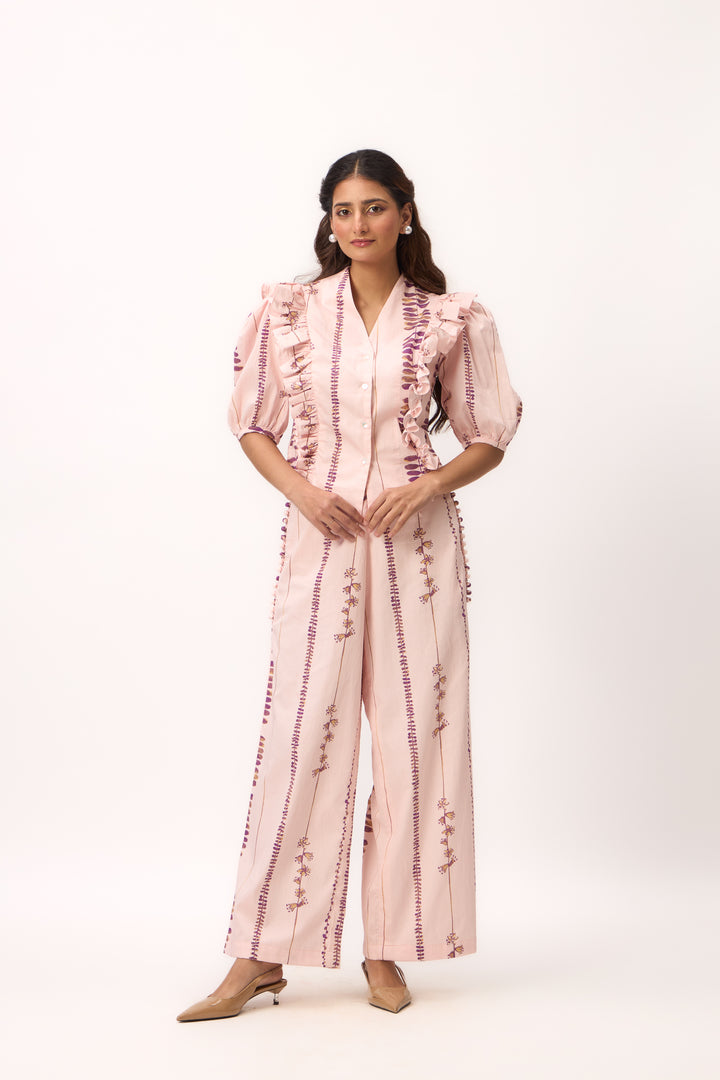 Watercolour Shami Stripe Print Ruffle Top Set Baby Pink