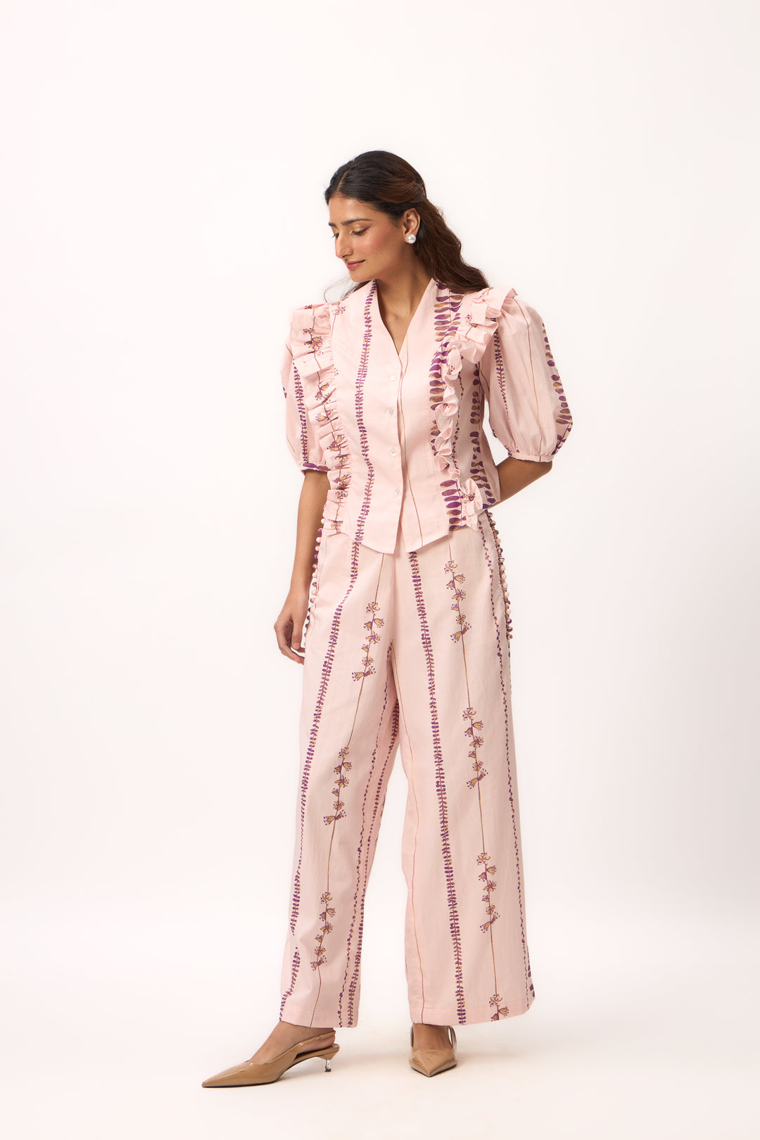 Watercolour Shami Stripe Print Ruffle Top Set Baby Pink