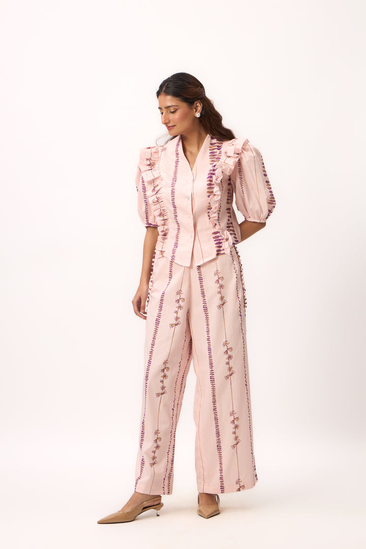 Watercolour Shami Stripe Print Ruffle Top Set Baby Pink