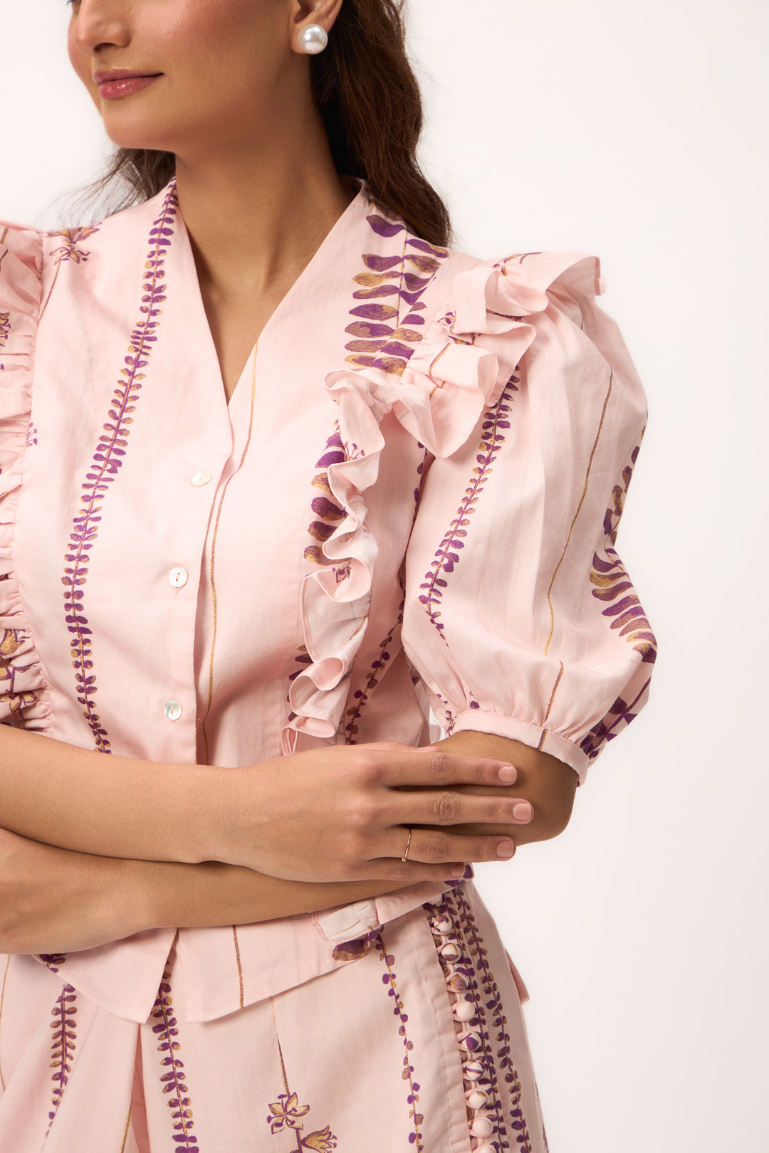 Watercolour Shami Stripe Print Ruffle Top Set Baby Pink