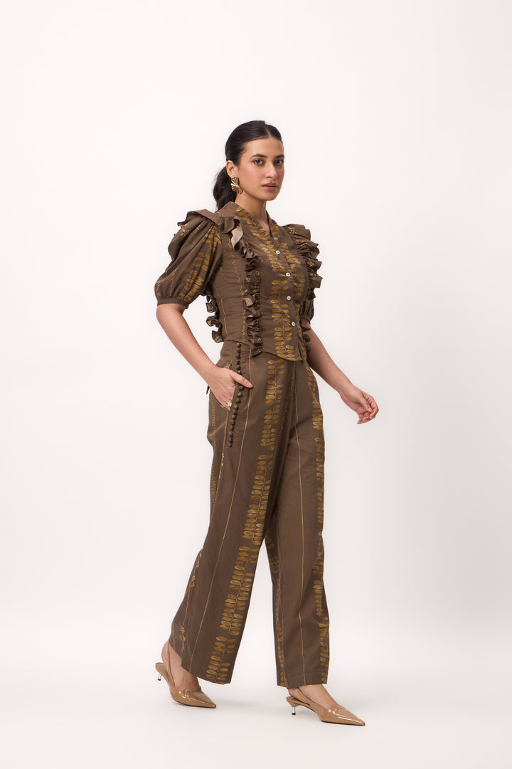 Watercolour Shami Stripe Ruffle Top Set Wood Brown