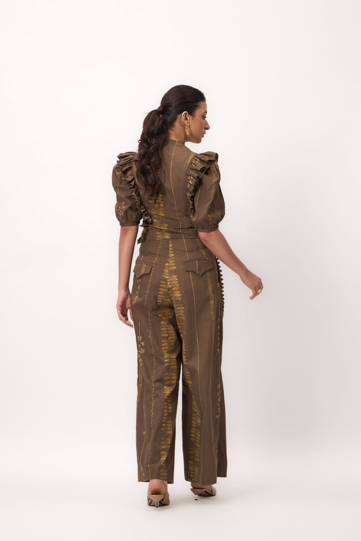 Watercolour Shami Stripe Ruffle Top Set Wood Brown