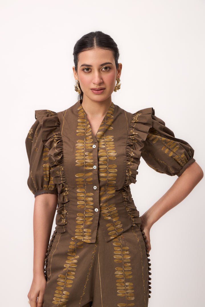 Watercolour Shami Stripe Ruffle Top Set Wood Brown