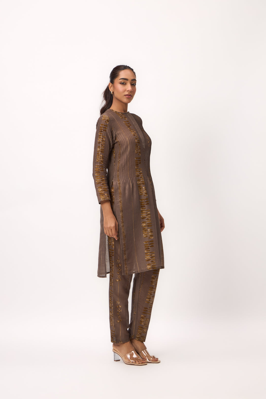 Watercolour Shami Stripe Print Kurta Set With Dupatta Wood Brown