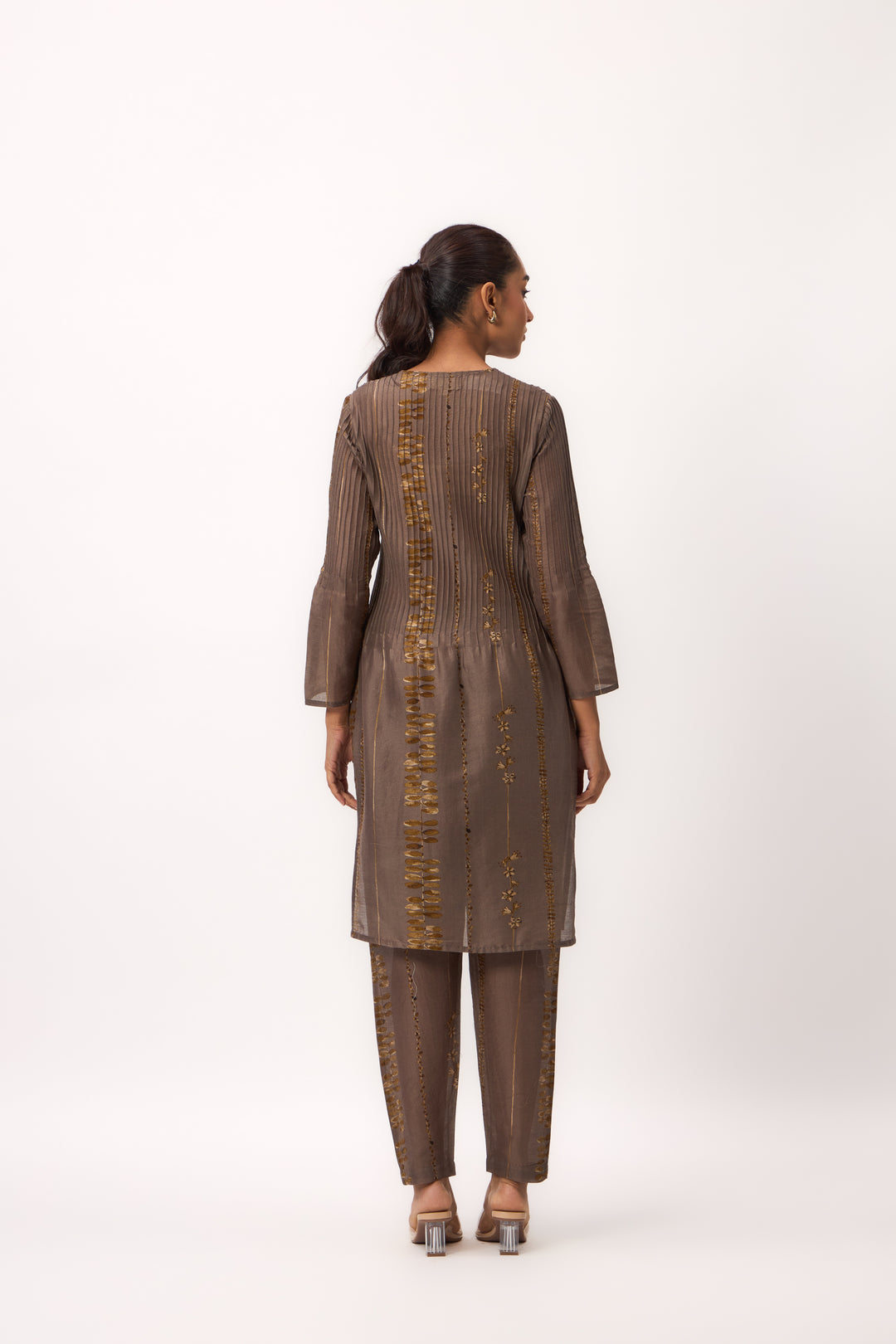 Watercolour Shami Stripe Print Kurta Set With Dupatta Wood Brown