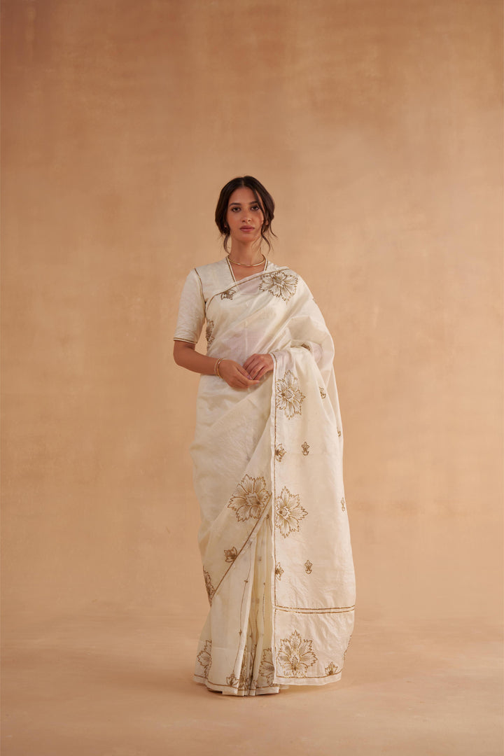 Vintage Ivory Tussar Saree with Gold Zardozi Embroidery and Paper Tussar blouse with Zari Embroidery