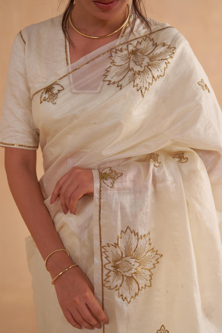 Vintage Ivory Tussar Saree with Gold Zardozi Embroidery and Paper Tussar blouse with Zari Embroidery