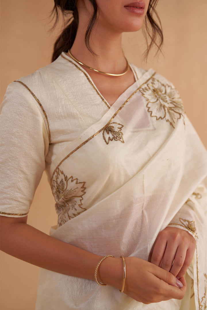 Vintage Ivory Tussar Saree with Gold Zardozi Embroidery and Paper Tussar blouse with Zari Embroidery