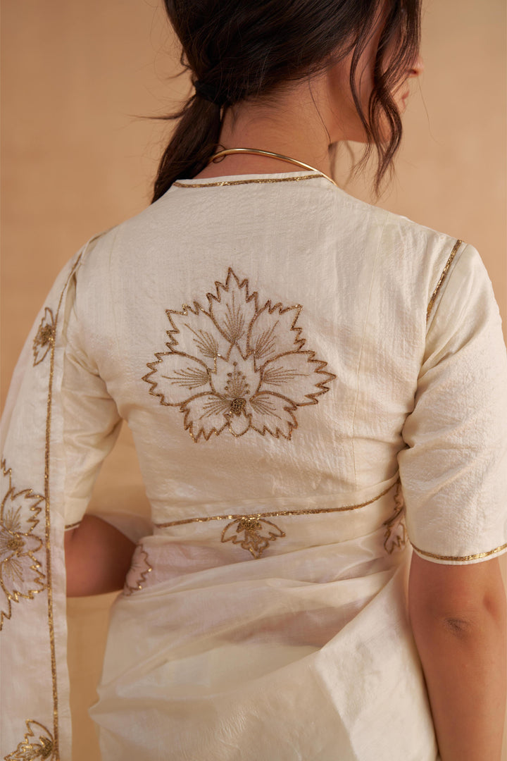 Vintage Ivory Tussar Saree with Gold Zardozi Embroidery and Paper Tussar blouse with Zari Embroidery