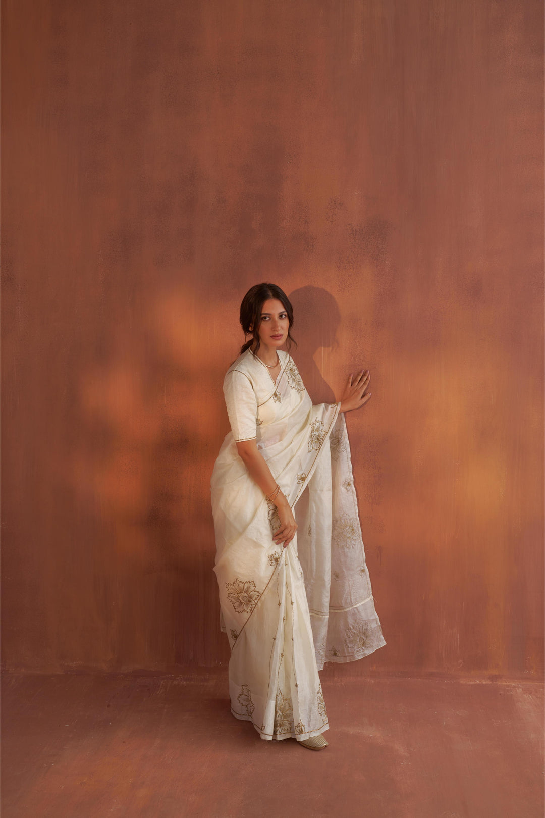 Vintage Ivory Tussar Saree with Gold Zardozi Embroidery and Paper Tussar blouse with Zari Embroidery