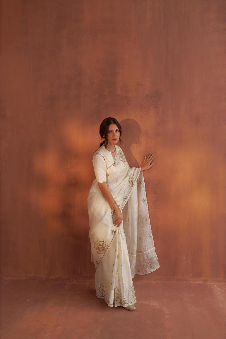 Vintage Ivory Tussar Saree with Gold Zardozi Embroidery and Paper Tussar blouse with Zari Embroidery