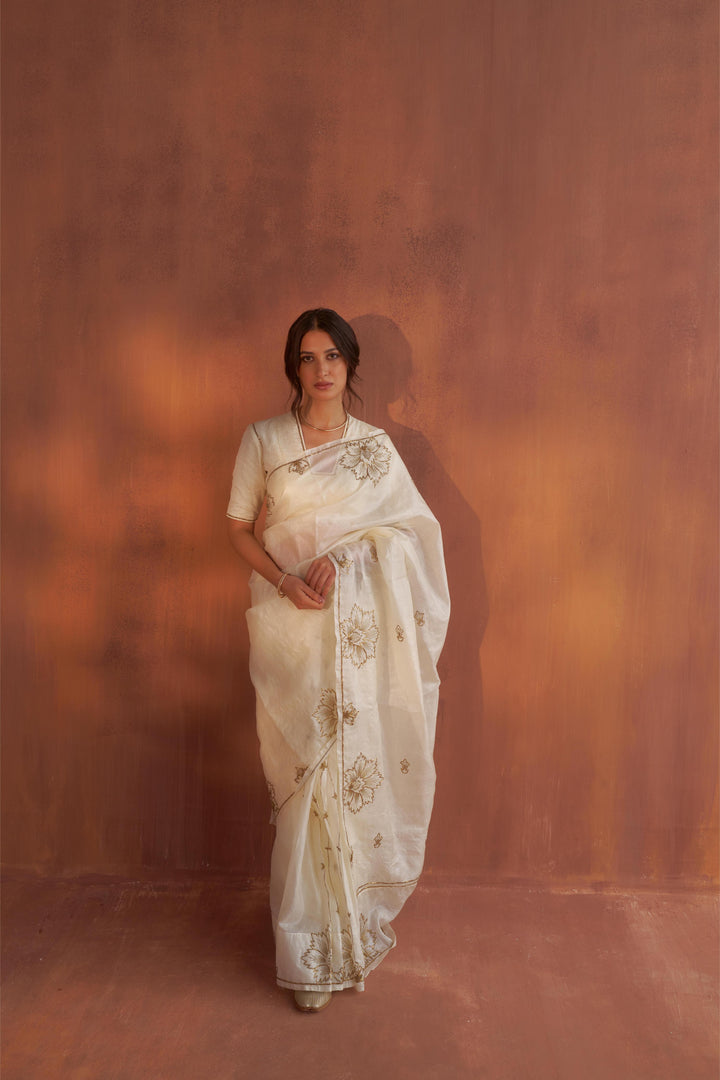 Vintage Ivory Tussar Saree with Gold Zardozi Embroidery and Paper Tussar blouse with Zari Embroidery