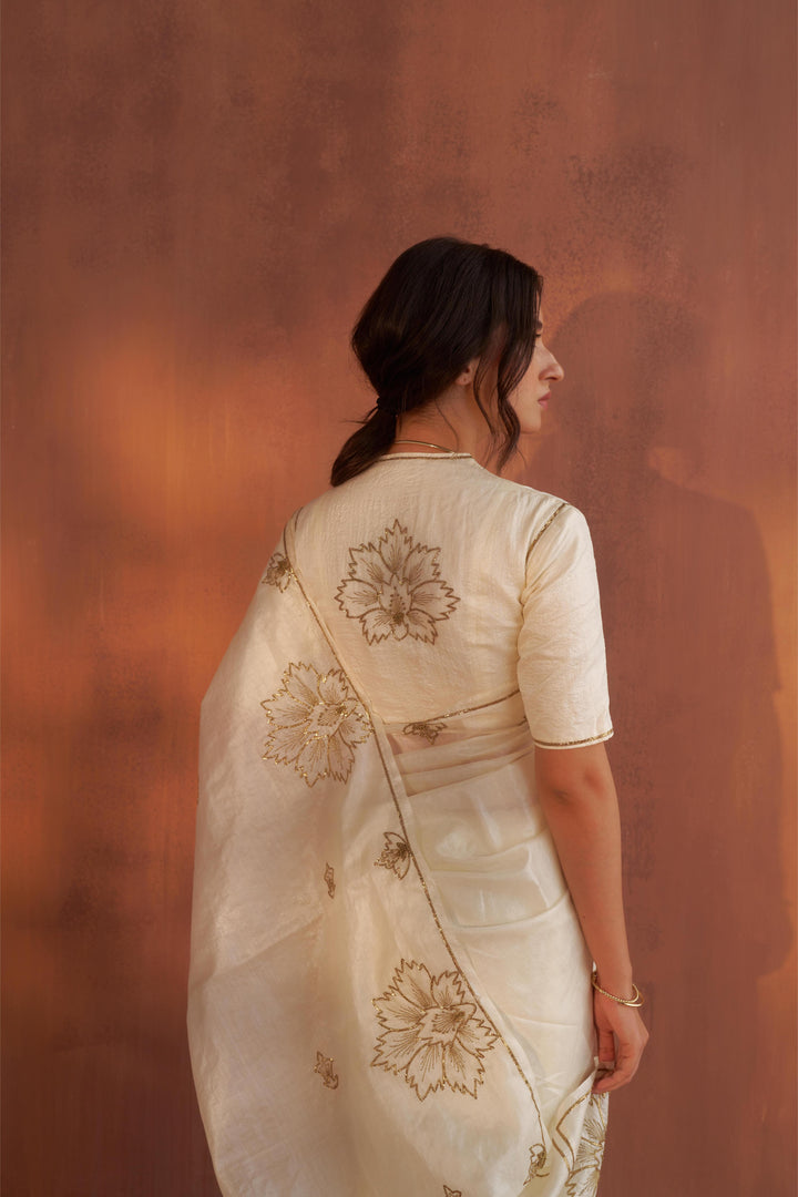 Vintage Ivory Tussar Saree with Gold Zardozi Embroidery and Paper Tussar blouse with Zari Embroidery