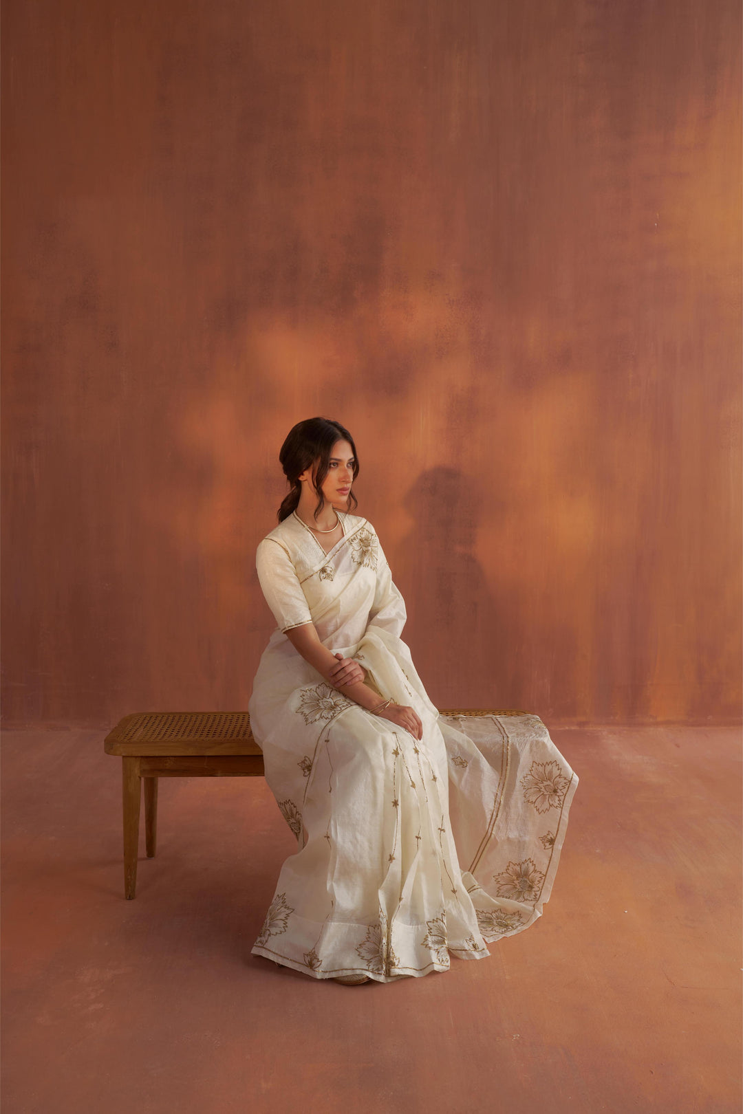 Vintage Ivory Tussar Saree with Gold Zardozi Embroidery and Paper Tussar blouse with Zari Embroidery