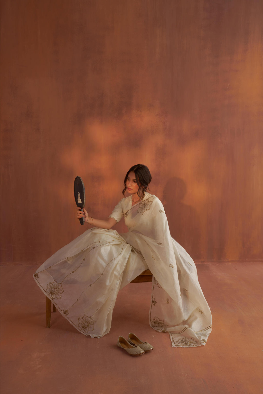 Vintage Ivory Tussar Saree with Gold Zardozi Embroidery and Paper Tussar blouse with Zari Embroidery