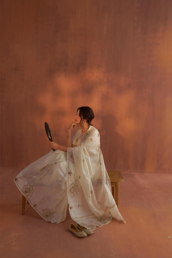 Vintage Ivory Tussar Saree with Gold Zardozi Embroidery and Paper Tussar blouse with Zari Embroidery