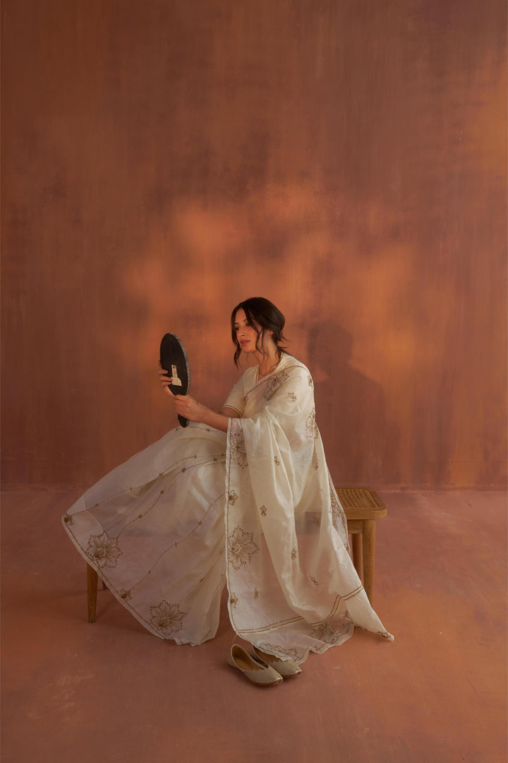 Vintage Ivory Tussar Saree with Gold Zardozi Embroidery and Paper Tussar blouse with Zari Embroidery