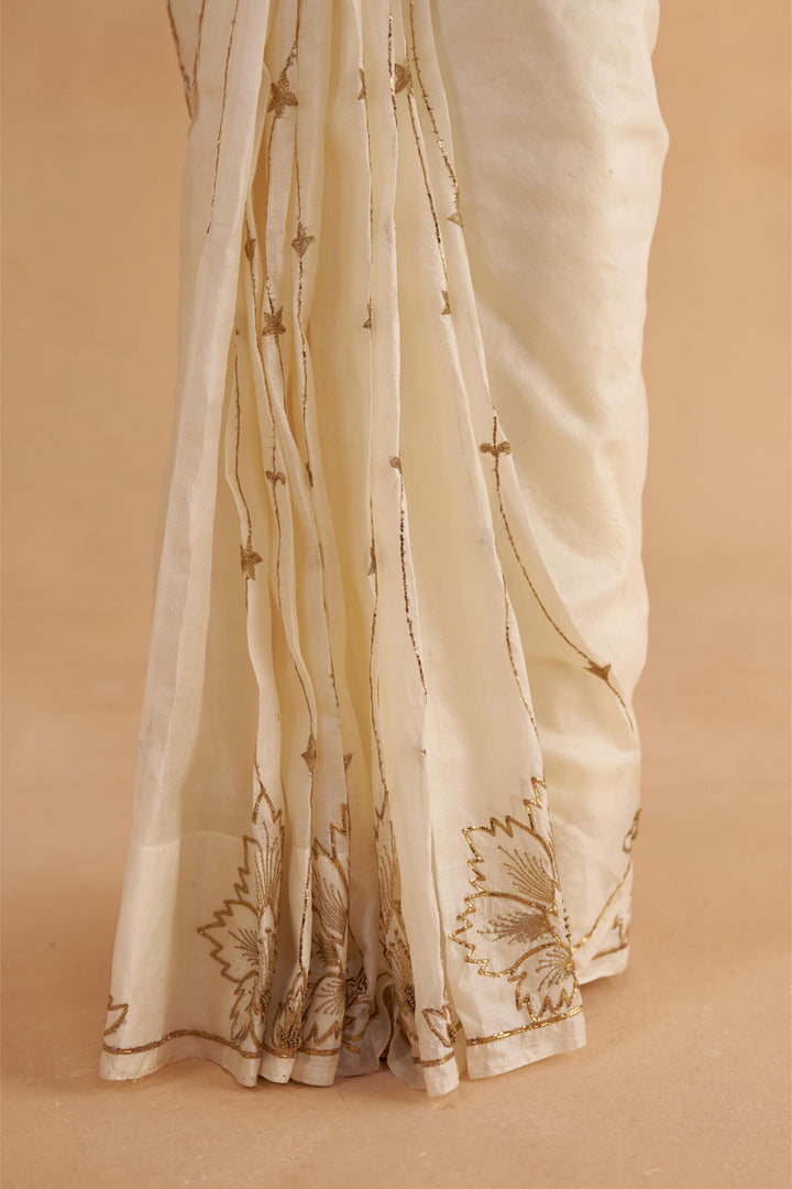 Vintage Ivory Tussar Saree with Gold Zardozi Embroidery and Paper Tussar blouse with Zari Embroidery
