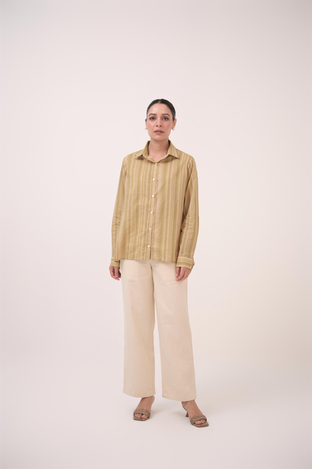 Gradient Striped Cotton Shirt Beige & Green