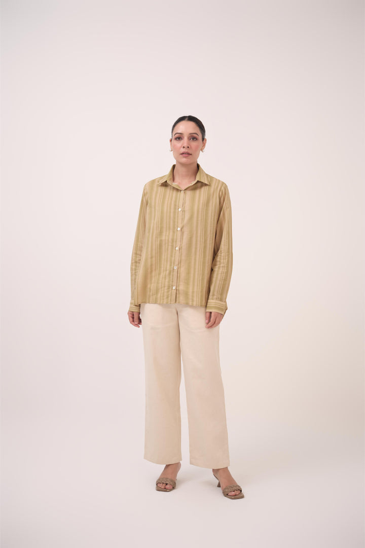 Gradient Striped Cotton Shirt Beige & Green