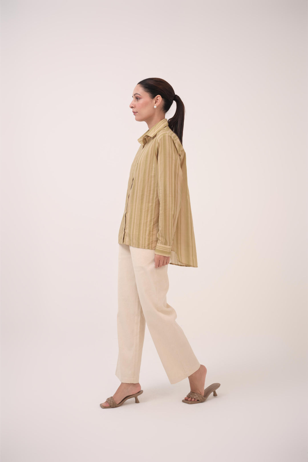 Gradient Striped Cotton Shirt Beige & Green