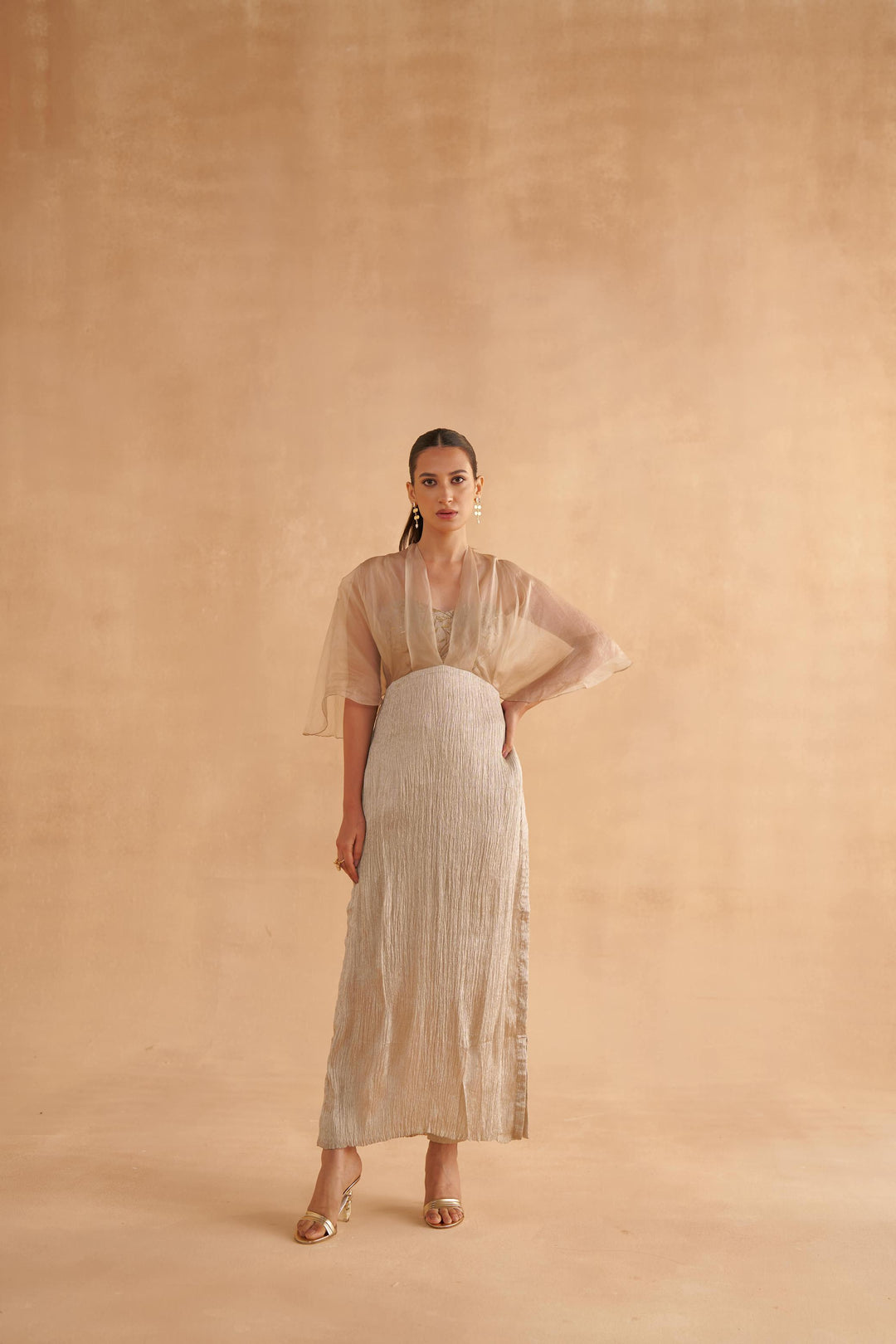 Warm Grey Crushed Dress with Sheer Overlay and Crushed Silk Pants with – Ruchi Marodia