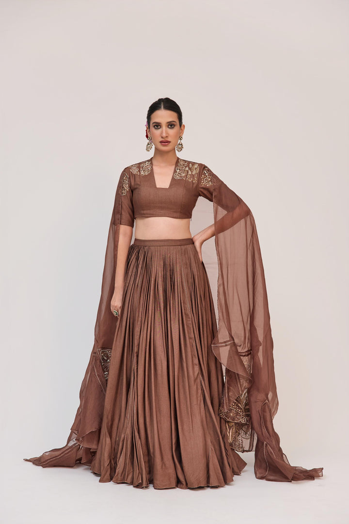 Lotus Bloom Lehnga With Dupatta Dark Brown
