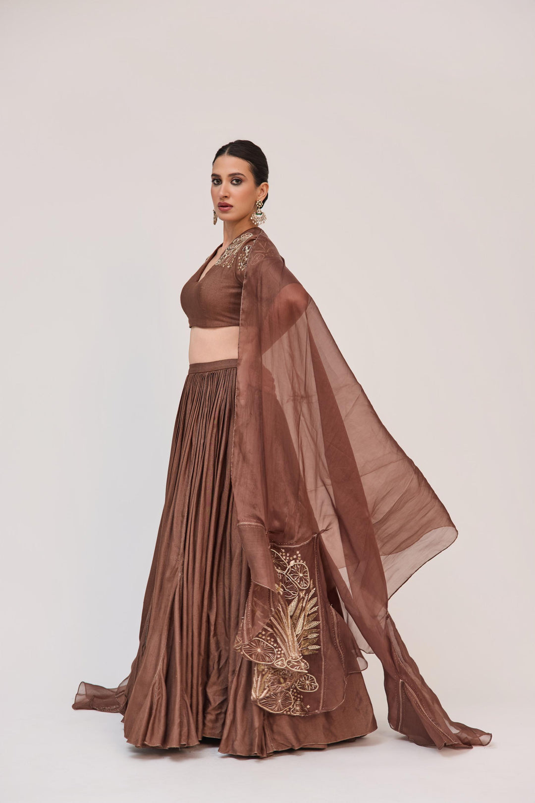 Lotus Bloom Lehnga With Dupatta Dark Brown