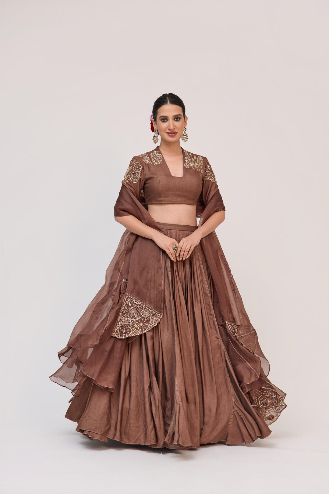Lotus Bloom Lehnga With Dupatta Dark Brown