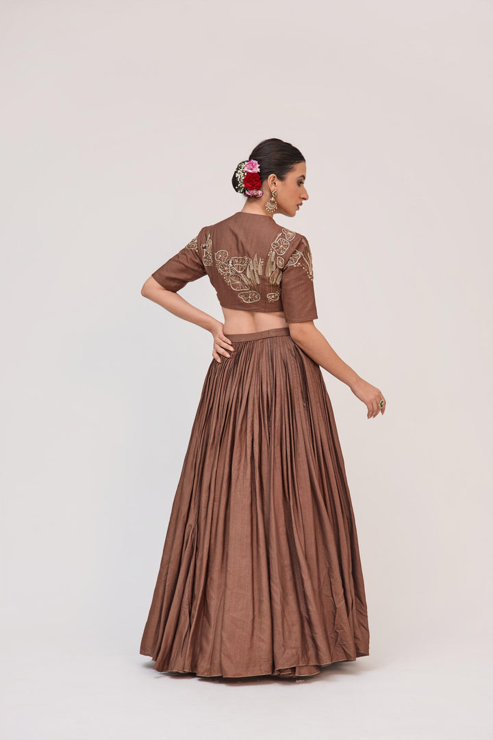 Lotus Bloom Lehnga With Dupatta Dark Brown