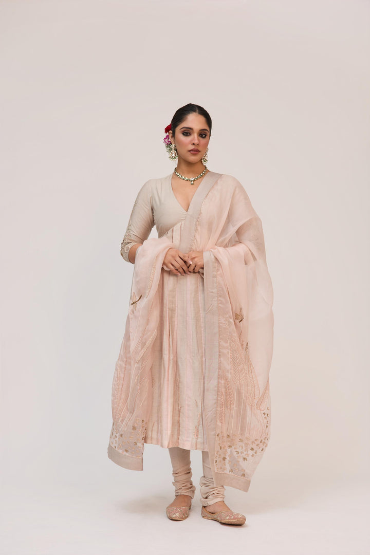 Lotus Bloom Anarkali Set With Dupatta In Warm Grey