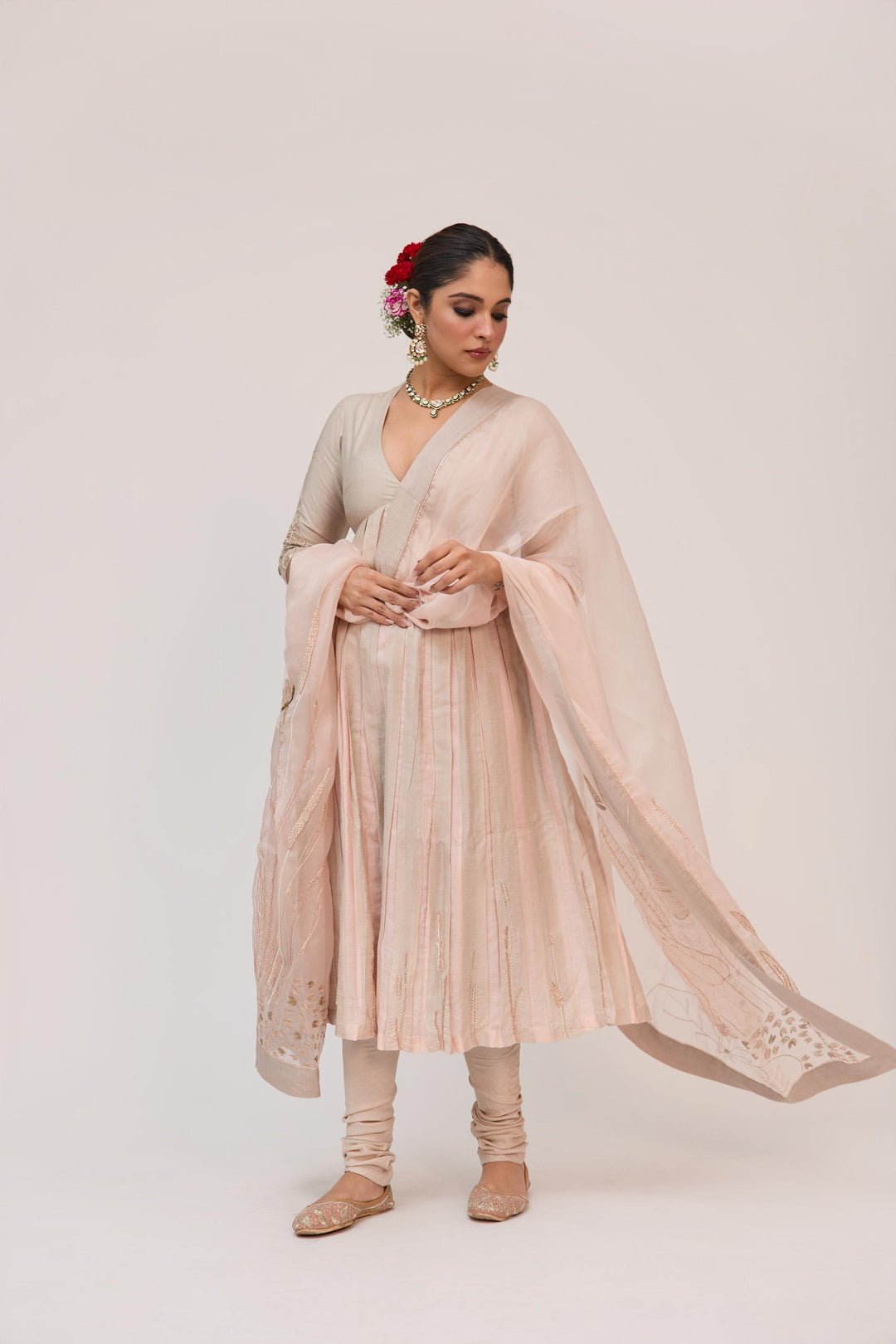 Lotus Bloom Anarkali Set With Dupatta In Warm Grey