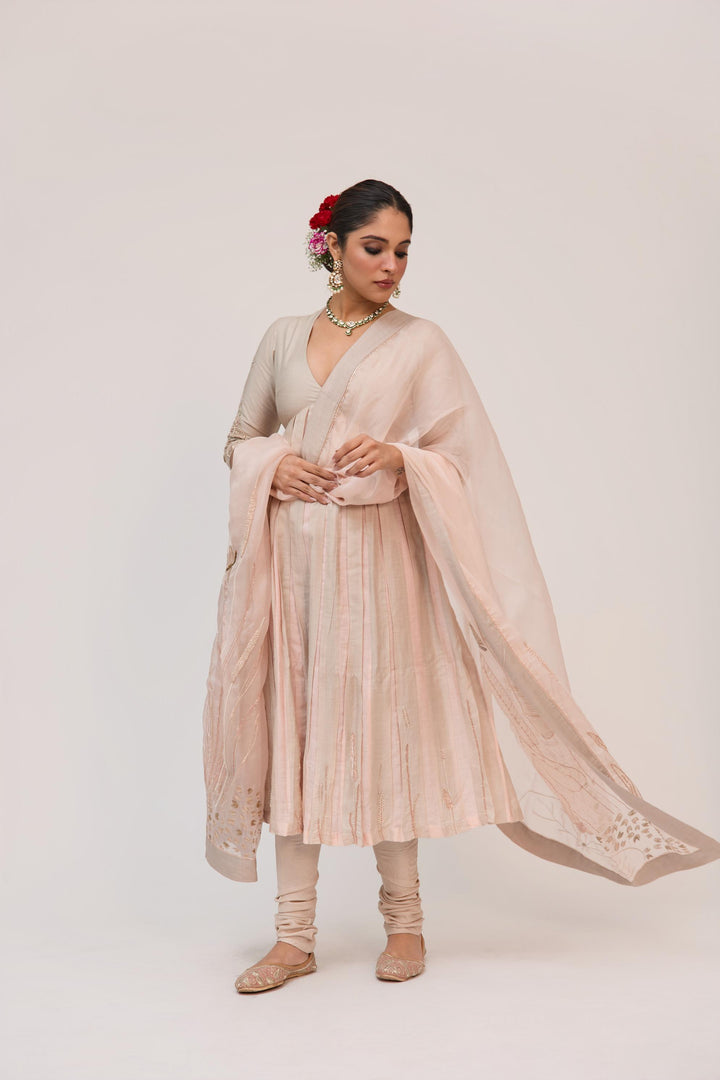 Lotus Bloom Anarkali Set With Dupatta In Warm Grey