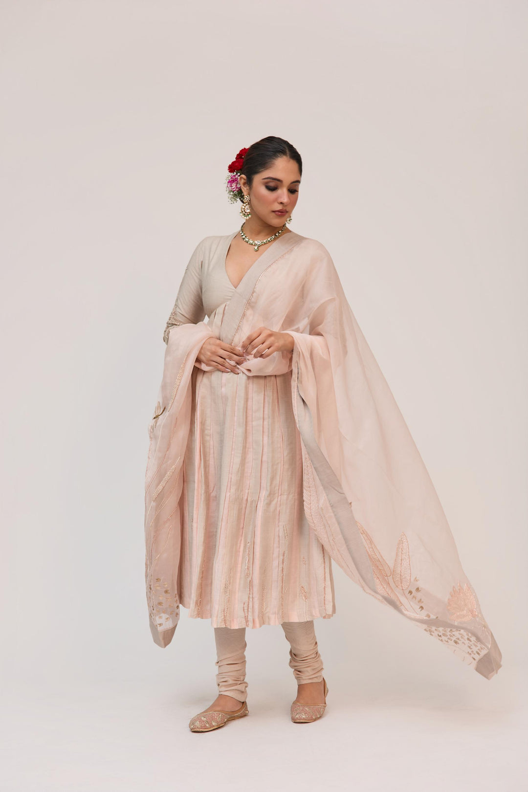Lotus Bloom Anarkali Set With Dupatta In Warm Grey