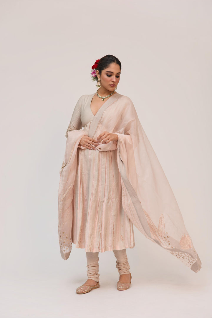 Lotus Bloom Anarkali Set With Dupatta In Warm Grey