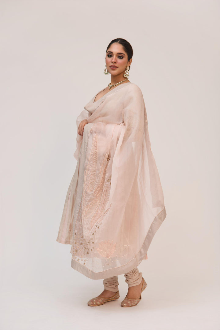 Lotus Bloom Anarkali Set With Dupatta In Warm Grey