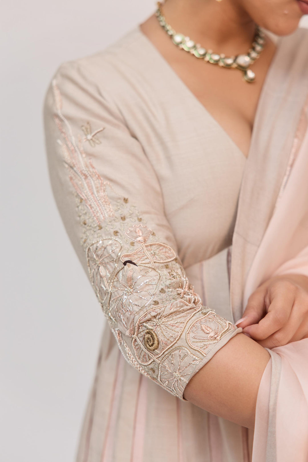 Lotus Bloom Anarkali Set With Dupatta In Warm Grey