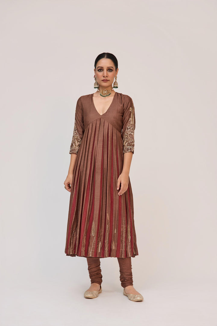 Lotus Bloom Anarkali Set With Dupatta In Dark Brown