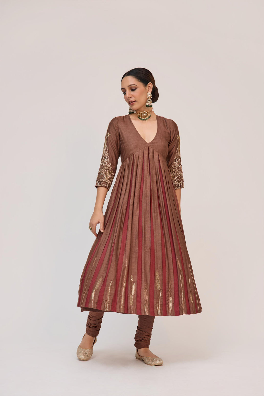 Lotus Bloom Anarkali Set With Dupatta In Dark Brown