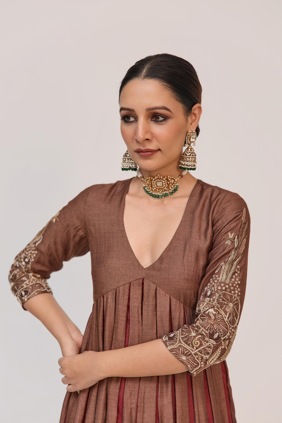 Lotus Bloom Anarkali Set With Dupatta In Dark Brown