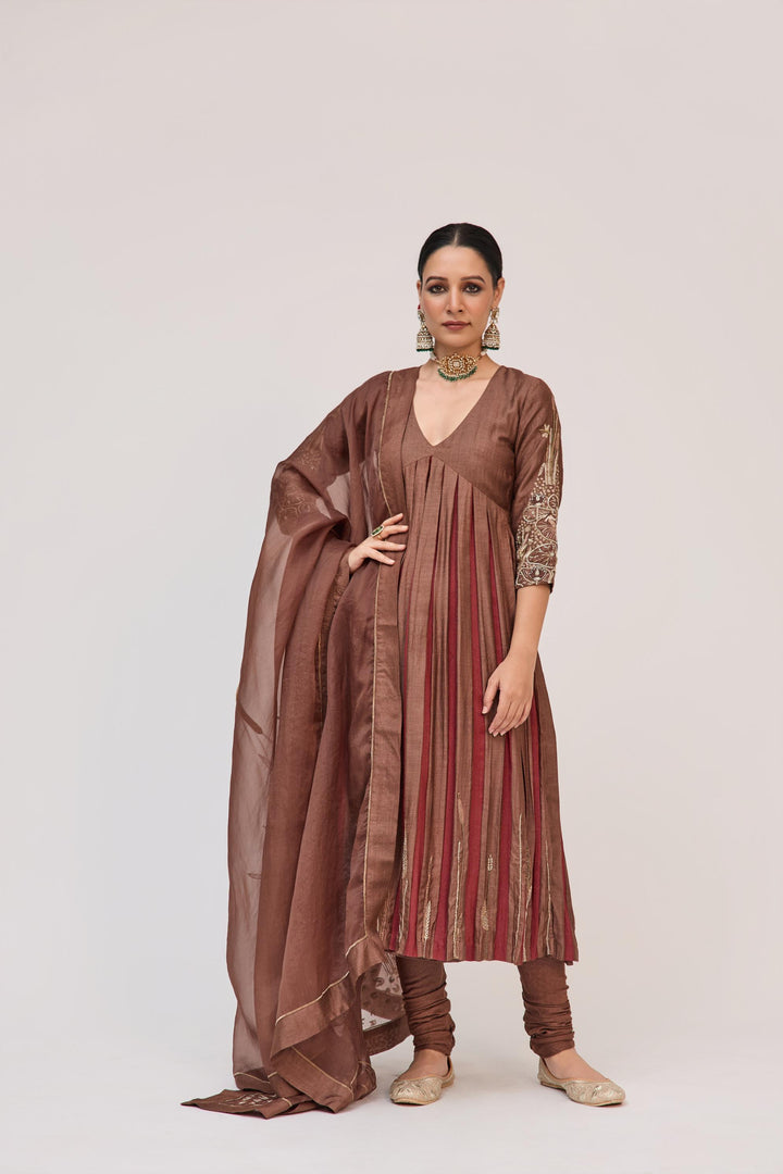 Lotus Bloom Anarkali Set With Dupatta In Dark Brown