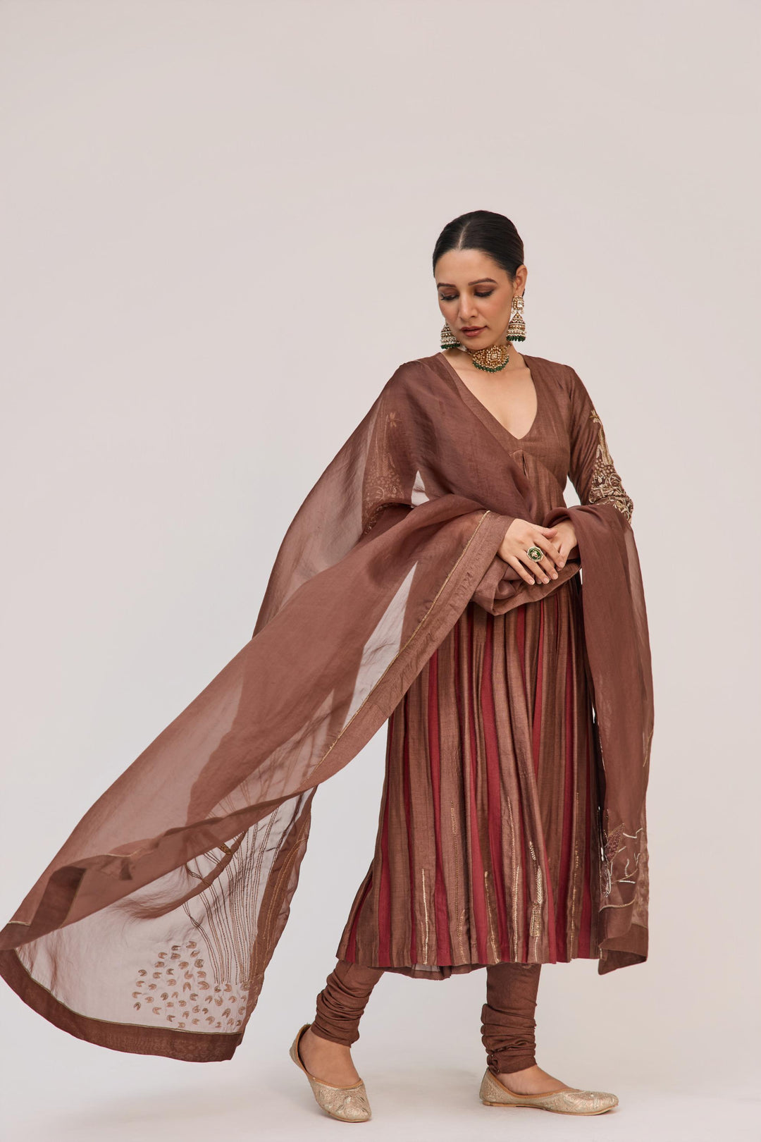 Lotus Bloom Anarkali Set With Dupatta In Dark Brown