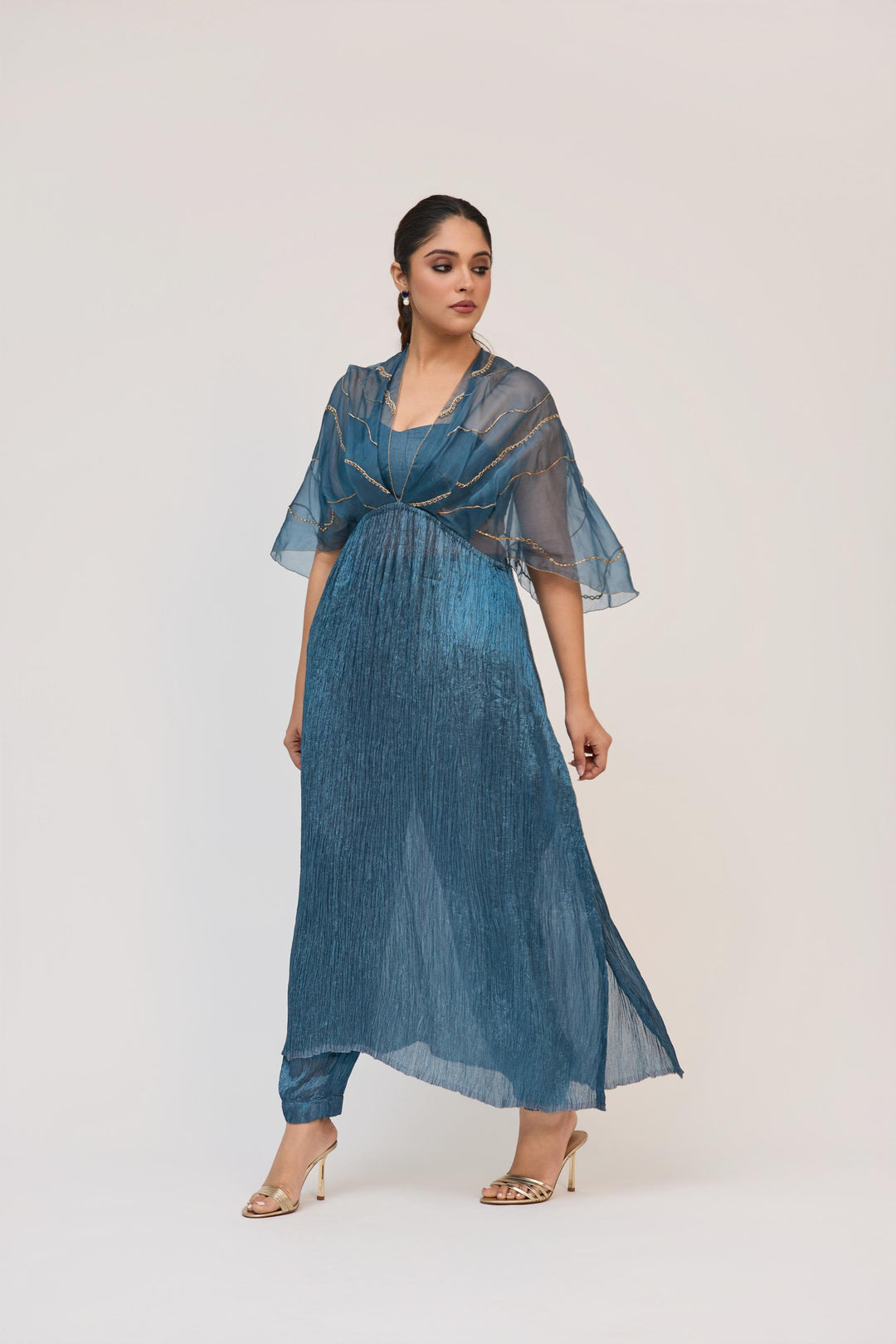 Tree Trunk Overlay Dress With Pants In Aqua Blue