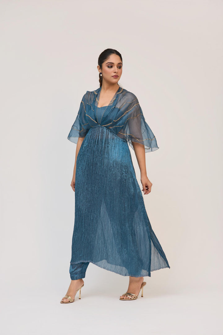 Tree Trunk Overlay Dress With Pants In Aqua Blue