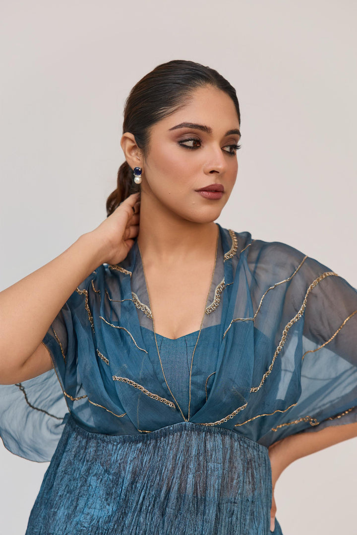 Tree Trunk Overlay Dress With Pants In Aqua Blue