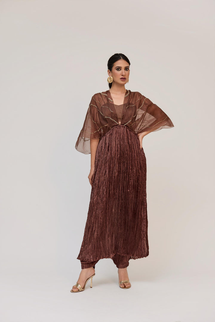 Tree Trunk Overlay Dress With Pants In Dark Brown